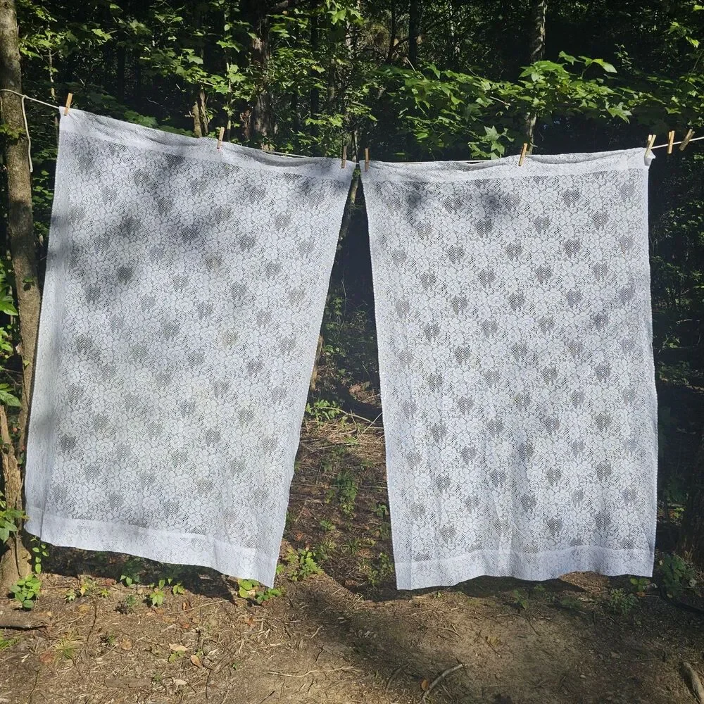 Pair Of Romantic White Floral Lace Curtain Panels - Cottagecore, Country 40x60